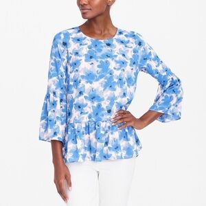 J Crew Blue Floral Print Peplum Blouse Sz XS